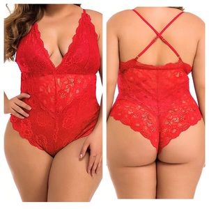 Women Plus Size Lace Red Bodysuit Teddy Lingerie One Piece Babydoll